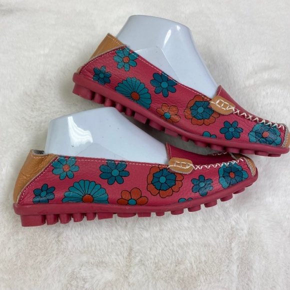Women's Leather Loafers Bright Color‎ Casual Flower Printed Slip On Flats, EU 40 - Picture 4 of 12